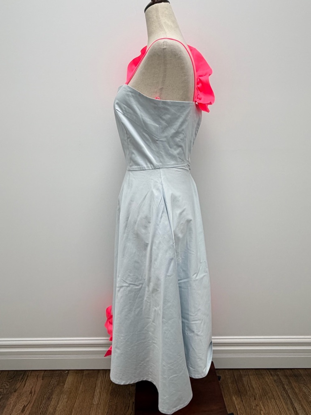 Paskal Ruffled Satin Trimmed Stretch Cotton Poplin Blue Pink Midi Dress X-Small - Picture 5 of 12